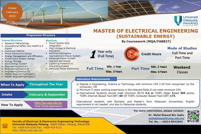 APPLICATION FOR MASTER OF ELECTRICAL ENGINEERING (SUSTAINABLE ENERGY): FEBRUARY 2021 INTAKE 