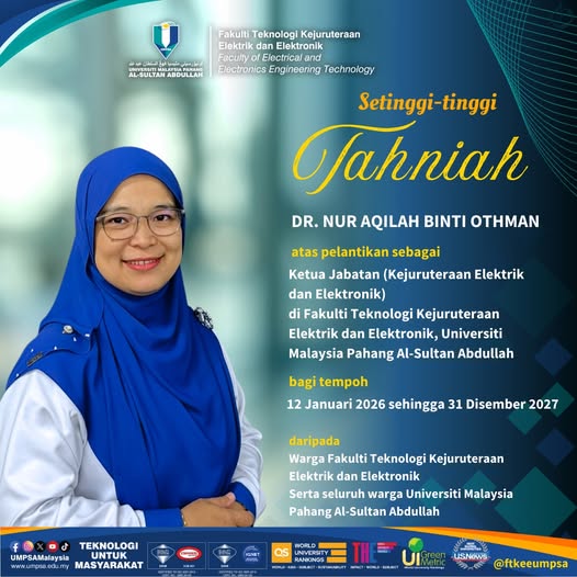 Tahniah atas pelantikan sebagai Ketua Jabatan (Kejuruteraan Elektrik dan Elektronik) 